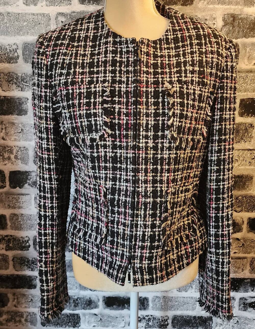 Style & Co Women's Black Tan Pink White Zippered Front Raw Hem Tweed Blazer 10